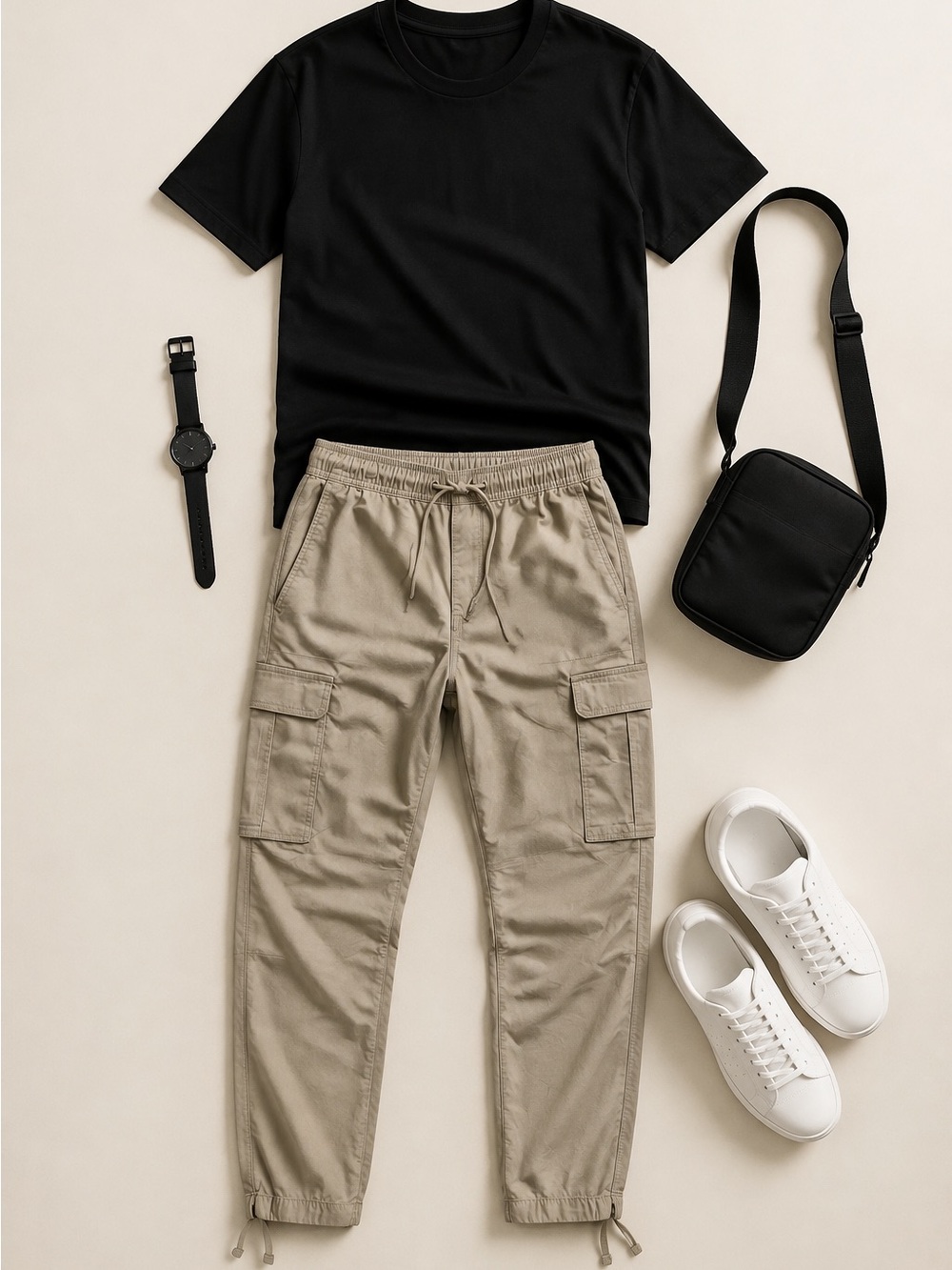Men’s Medium Tan Cargo Jogger Pants Drawstring Waist Utility Streetwear